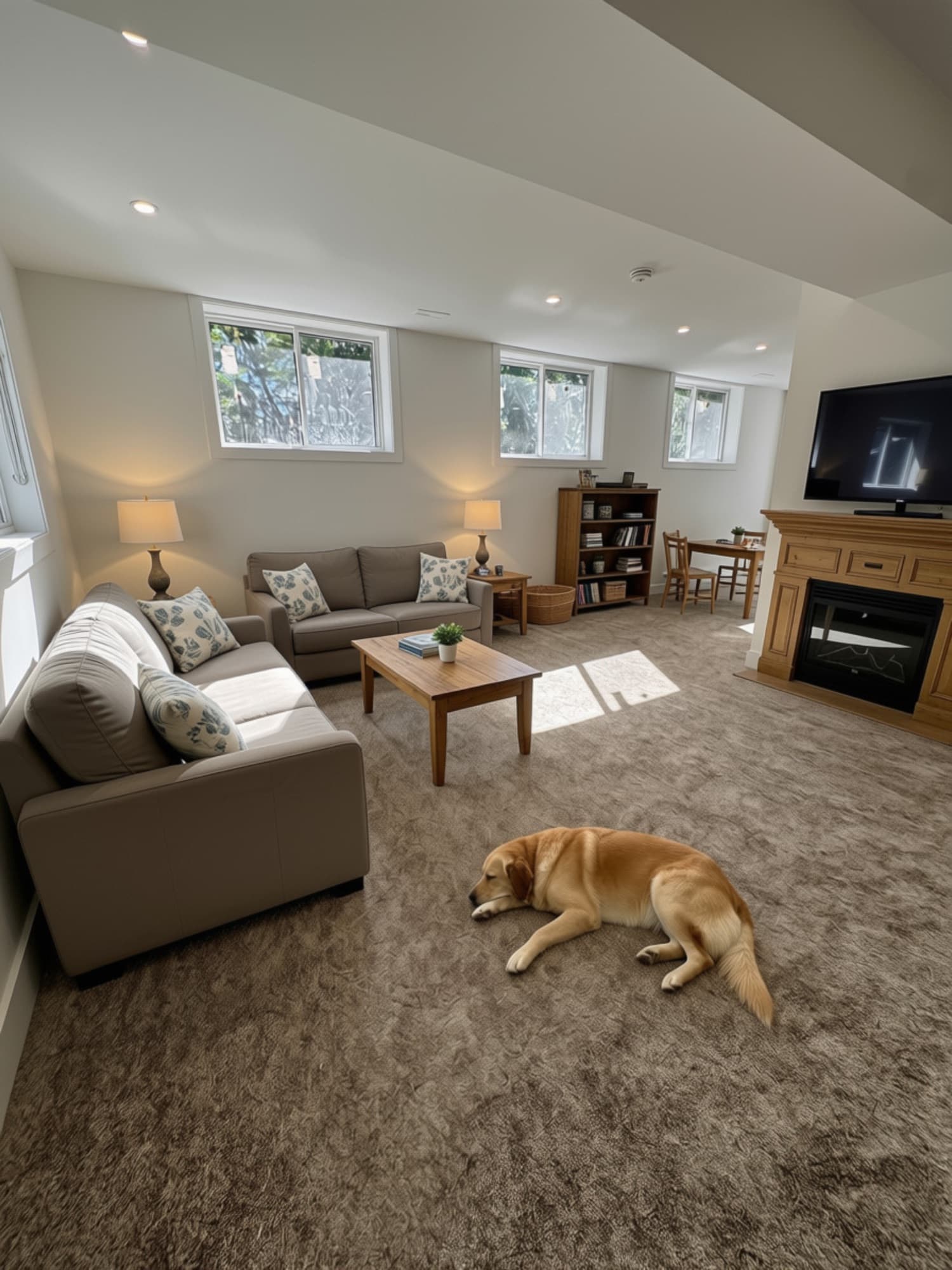 Lower-level rec room with big windows, sofas and a dog asleep on the rug