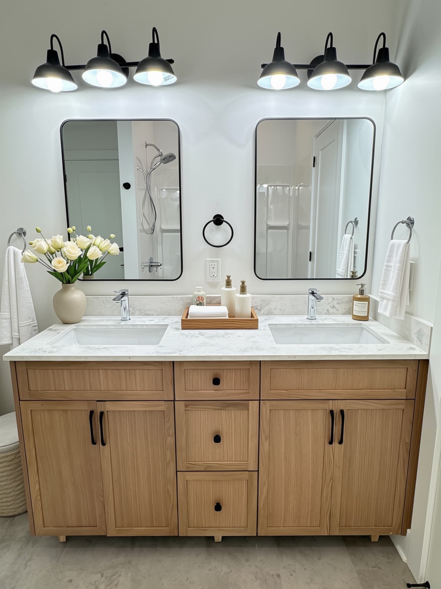 Wood double vanity with black triple sconces
