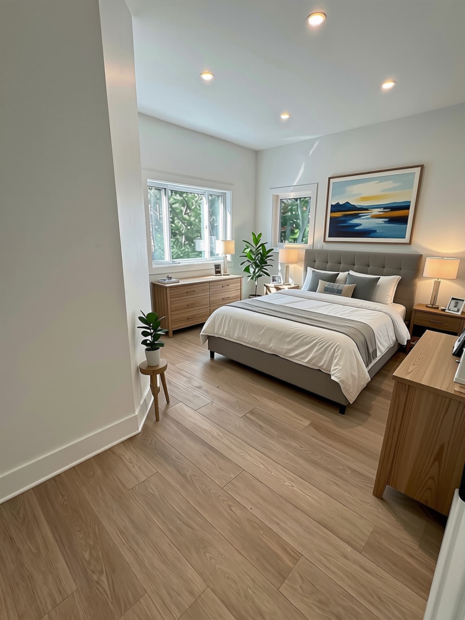 Main bedroom with windows on two walls and wood floors