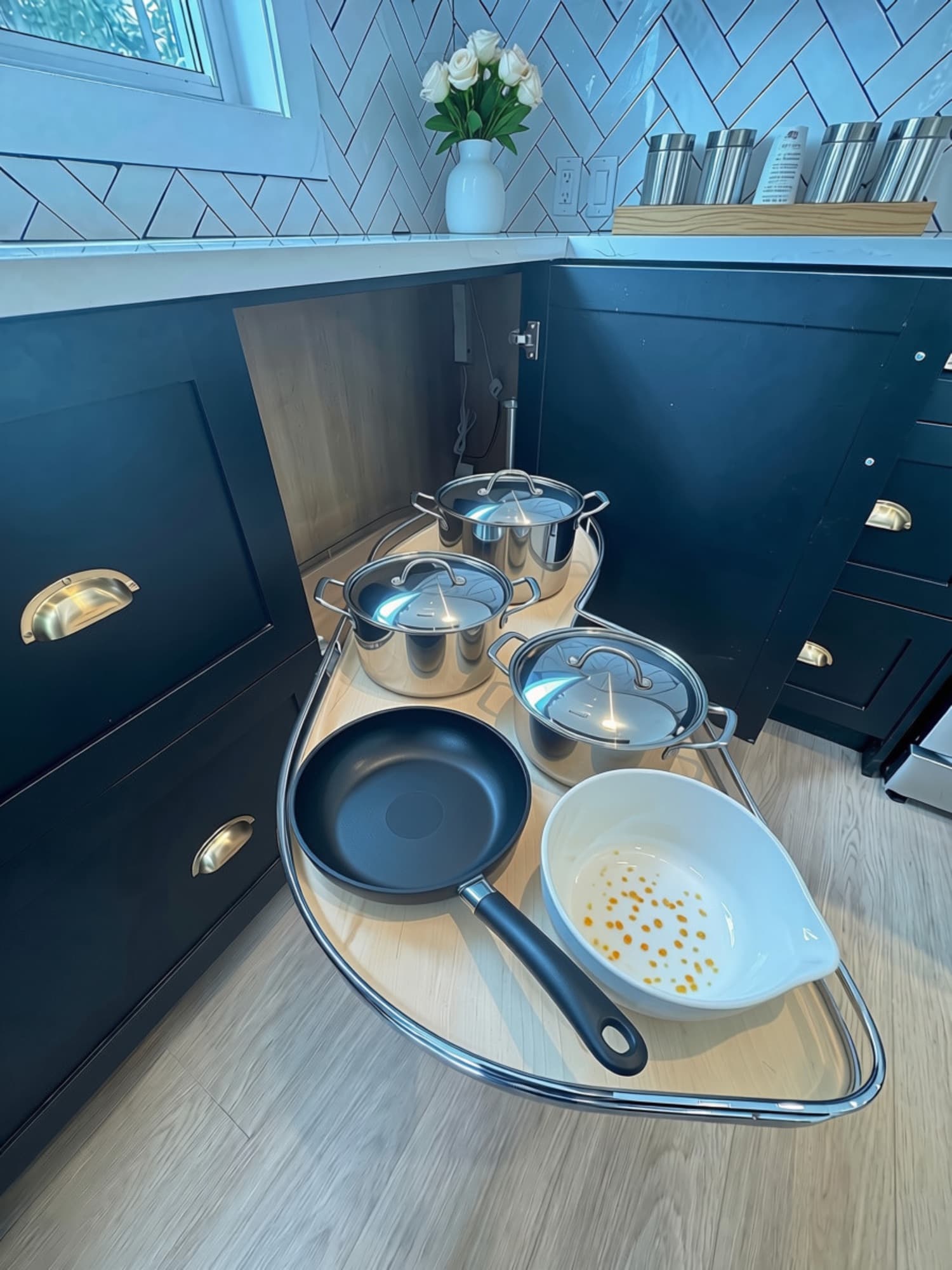 Swing-out corner cabinet holding pots and pans