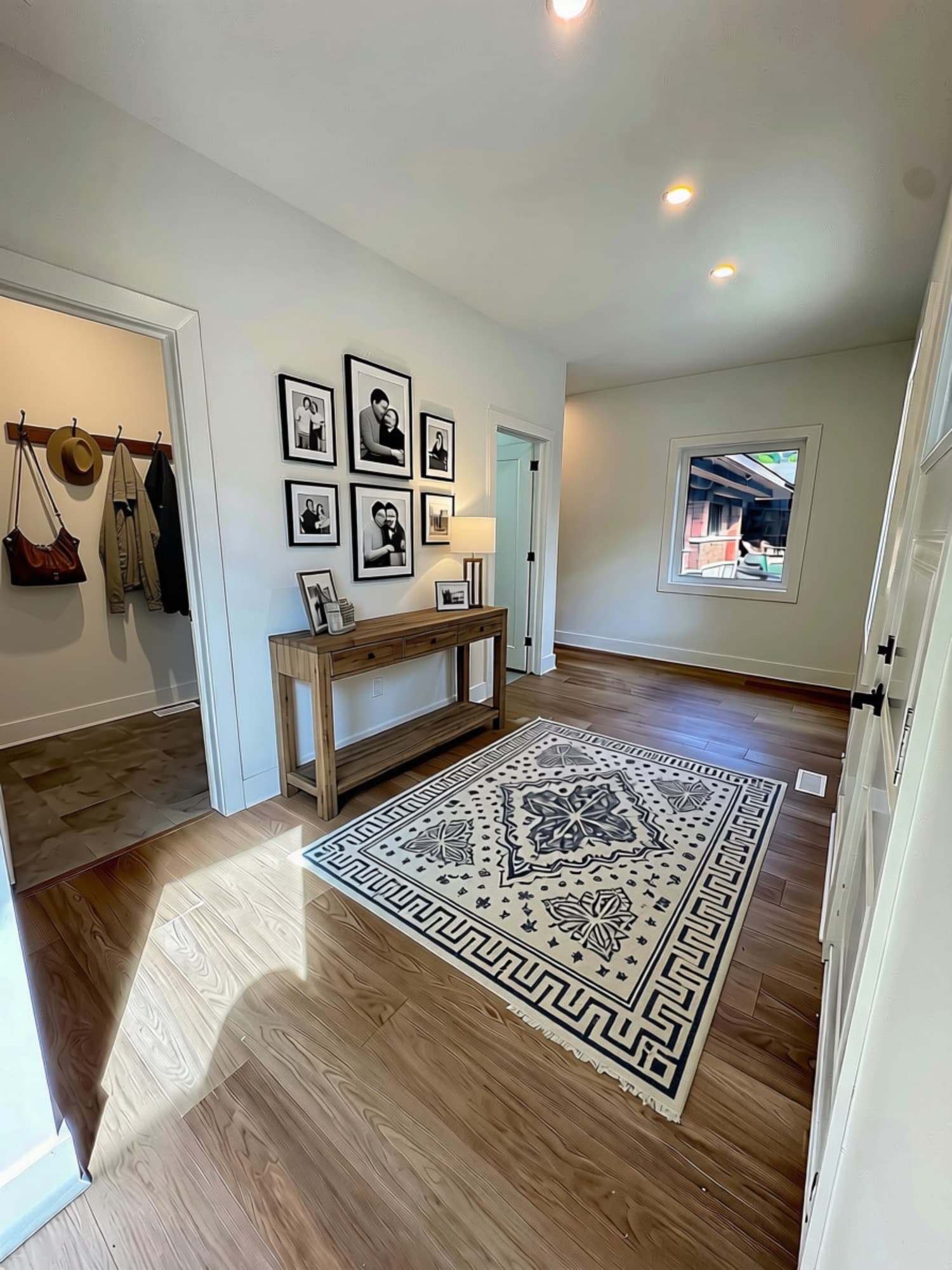 Bright foyer with a patterned rug, gallery wall and console table