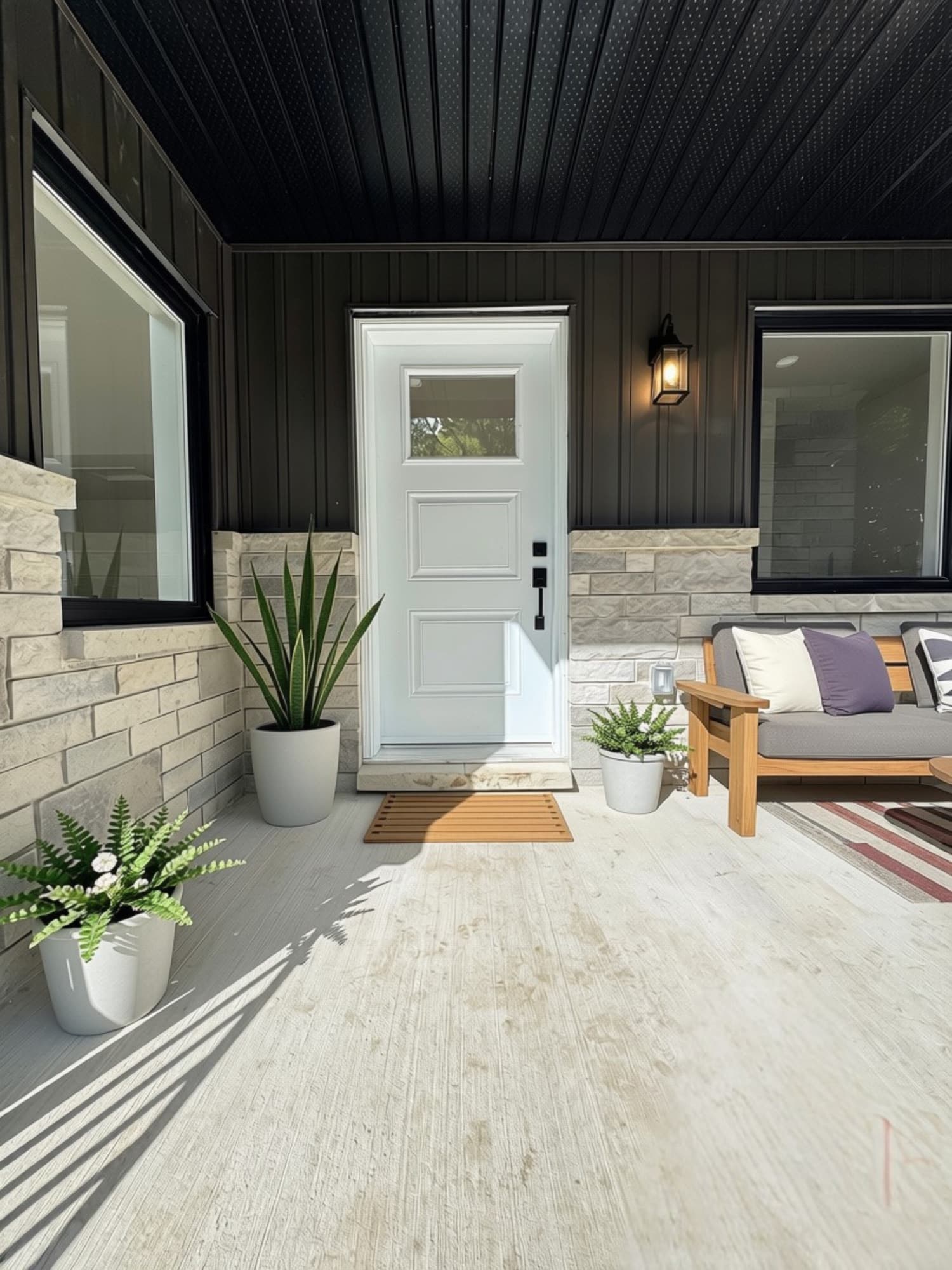 Covered entry with a black ceiling, white front door, potted plants and an outdoor bench