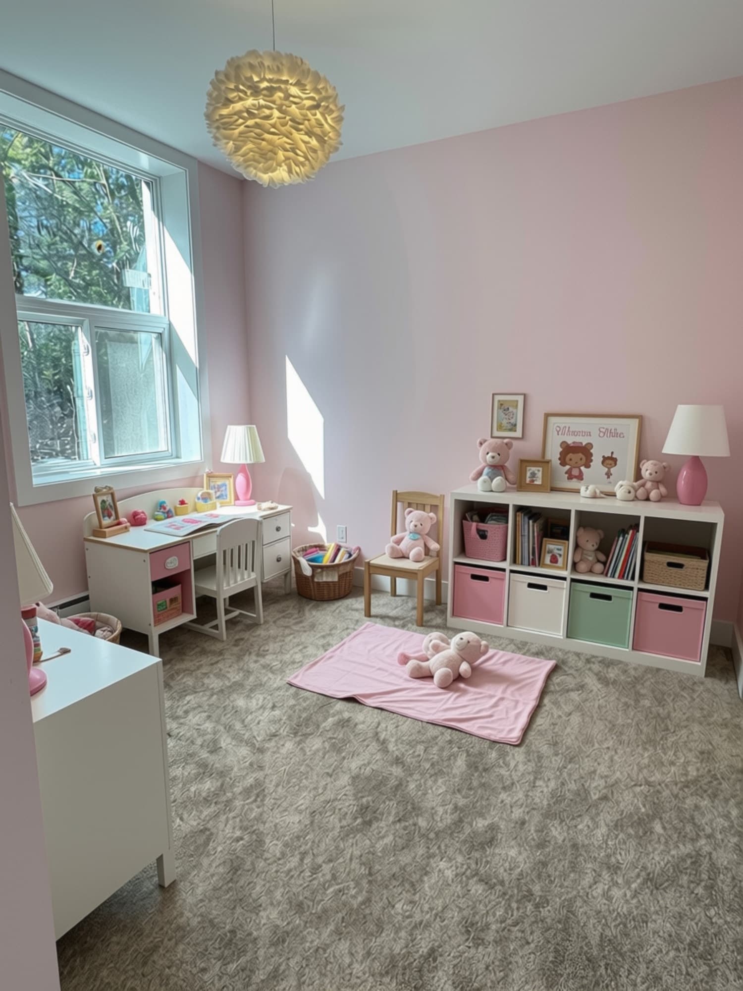 Soft pink kids' room with a play mat and cube shelves