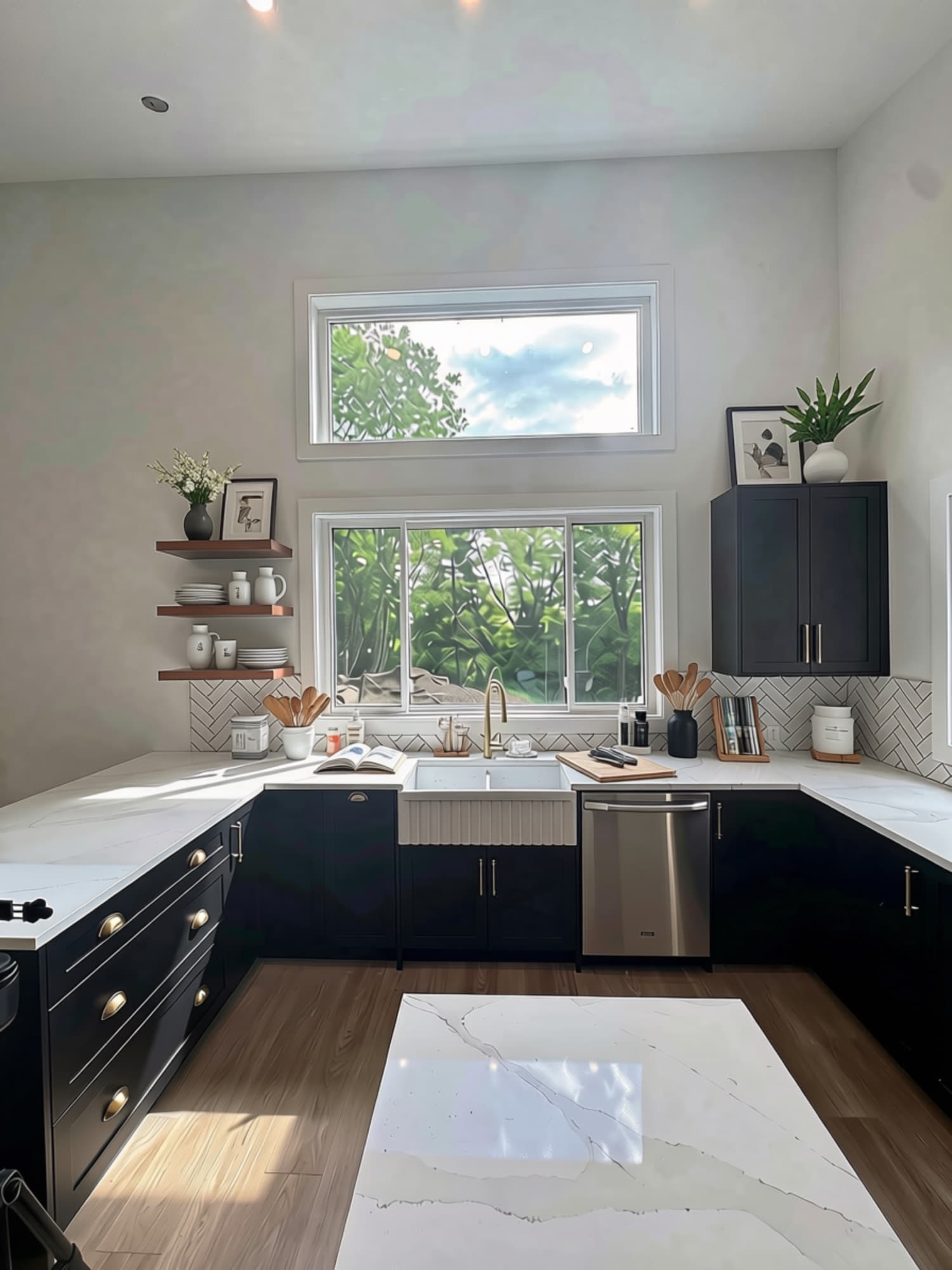 Navy shaker kitchen with a white quartz island and a farmhouse sink under tall windows