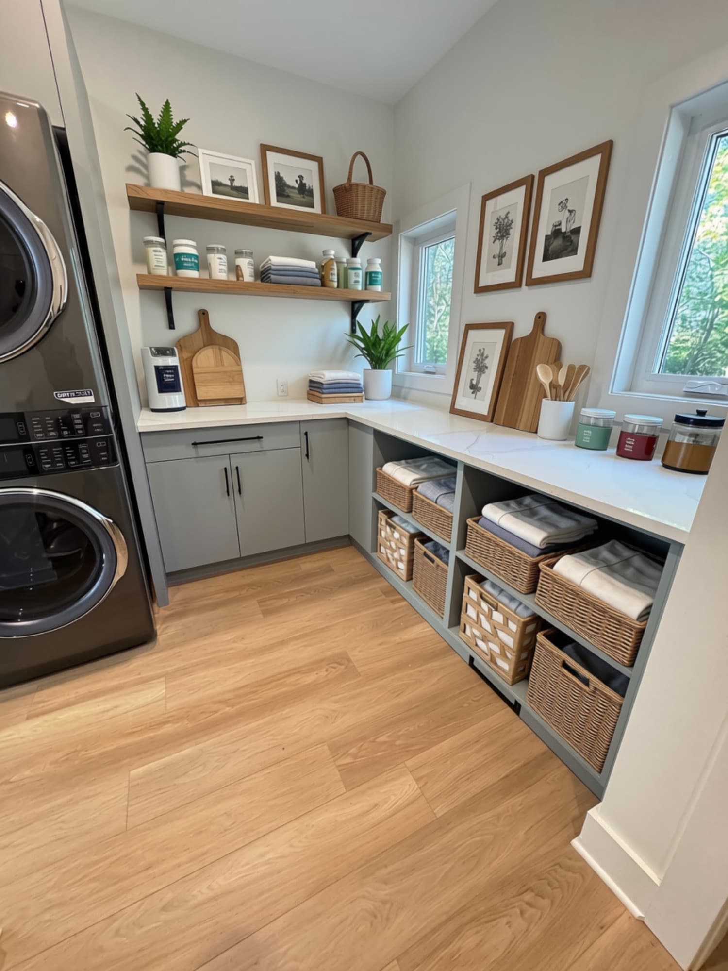 Laundry room with a stacked washer and dryer, open shelving and a folding counter