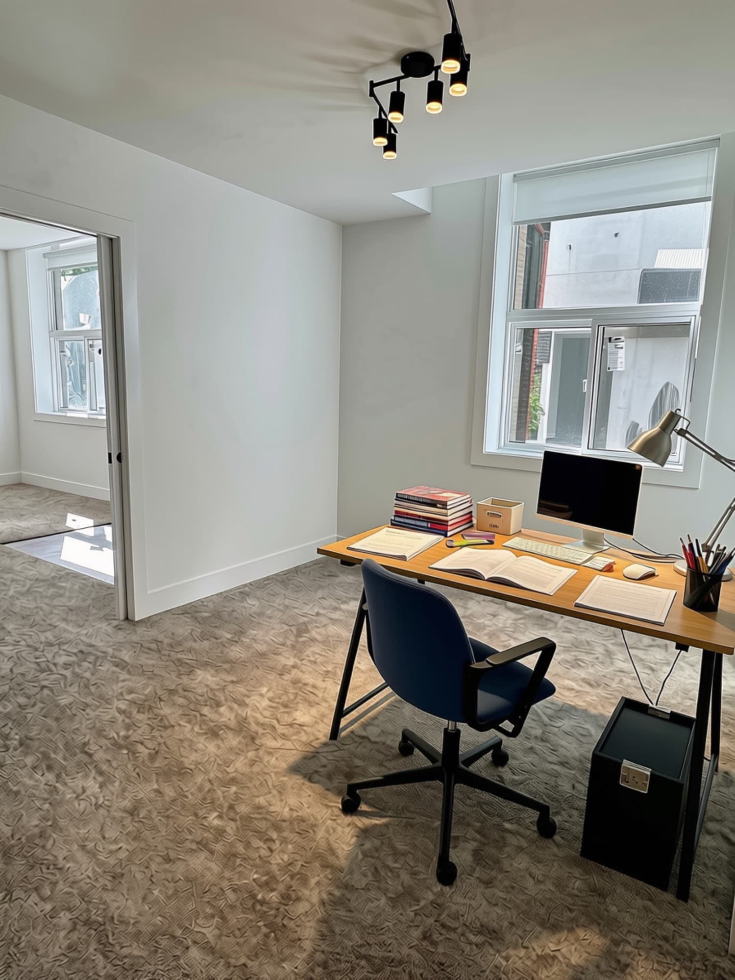 Desk under a window in a bright lower-level room