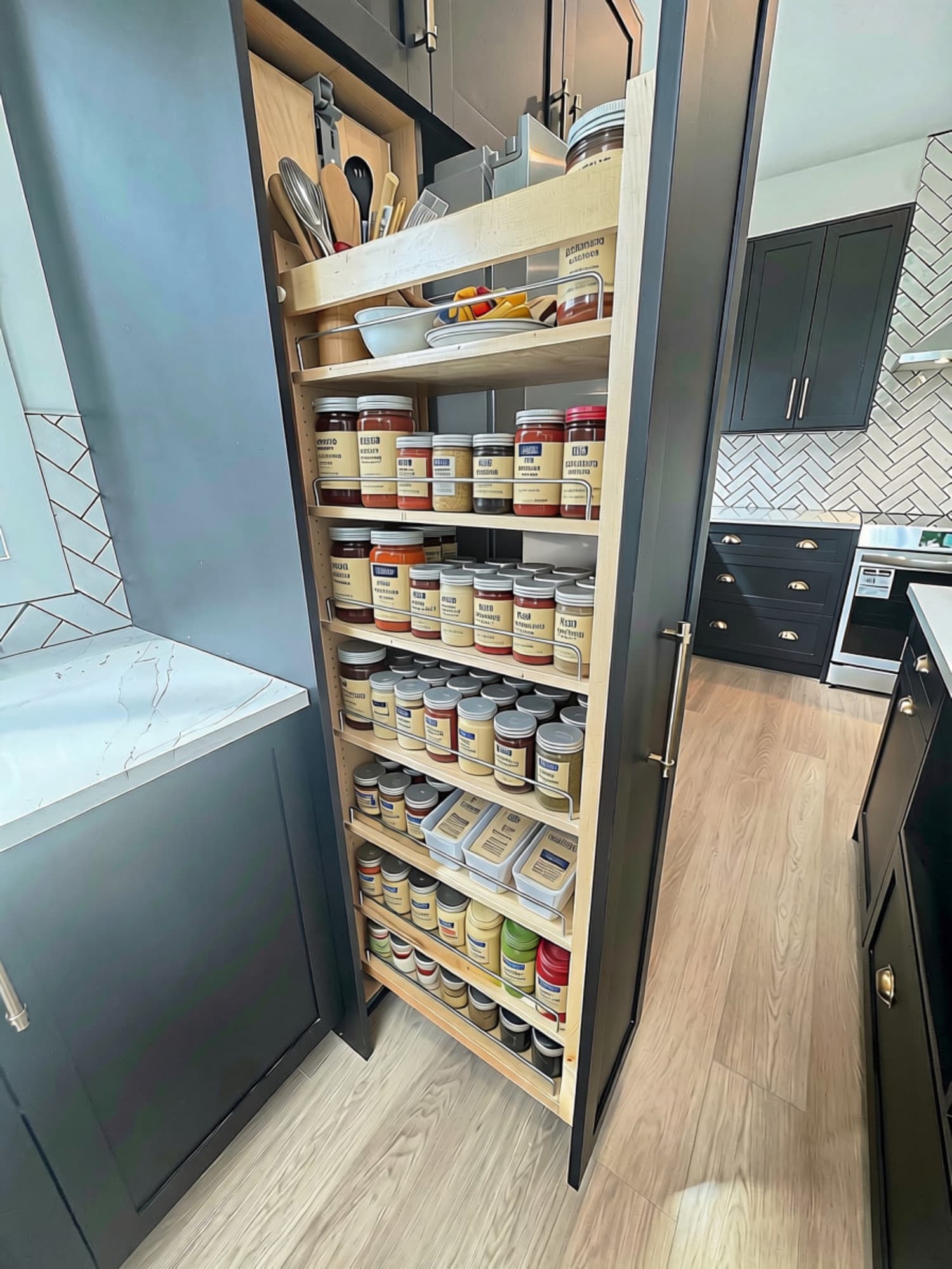 Tall pull-out pantry full of jars